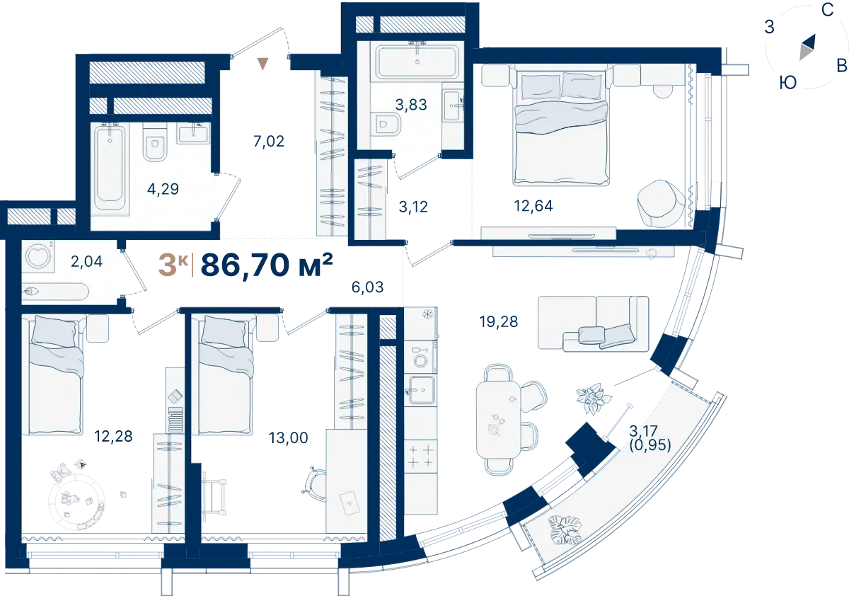 Планировка квартиры №С2.7.8 в проекте Атлас Люксо Дом 2 3-комнатная 86.7 м² 7 этаж