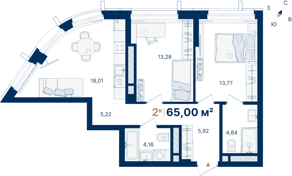 Планировка квартиры №С2.18.3 в проекте Атлас Люксо Дом 2 2-комнатная 65 м² 18 этаж