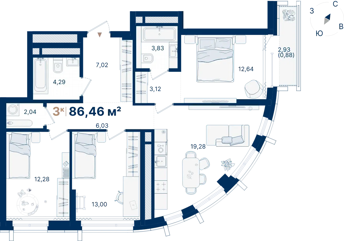Планировка квартиры №С2.8.8 в проекте Атлас Люксо Дом 2 3-комнатная 86.46 м² 8 этаж