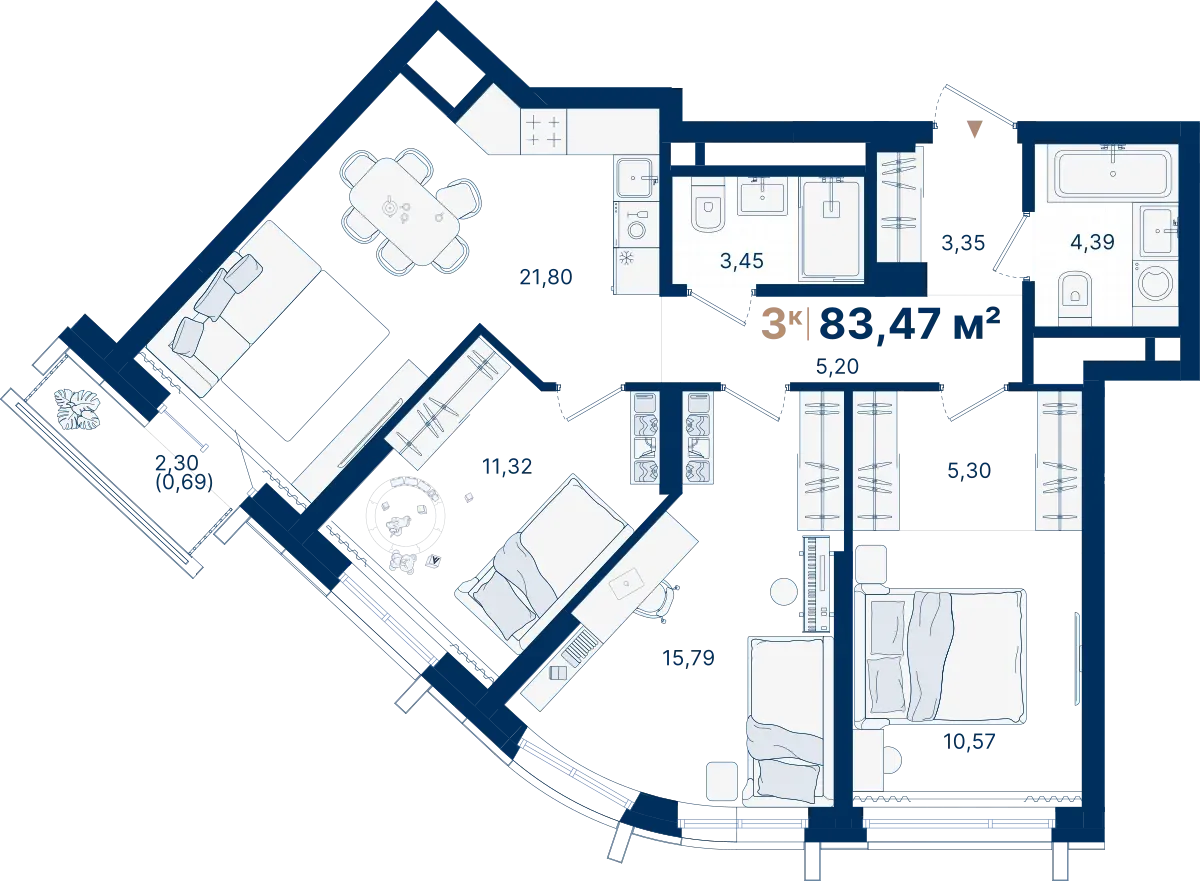 3-комнатная квартира 83.47 м² № С2.9.7
