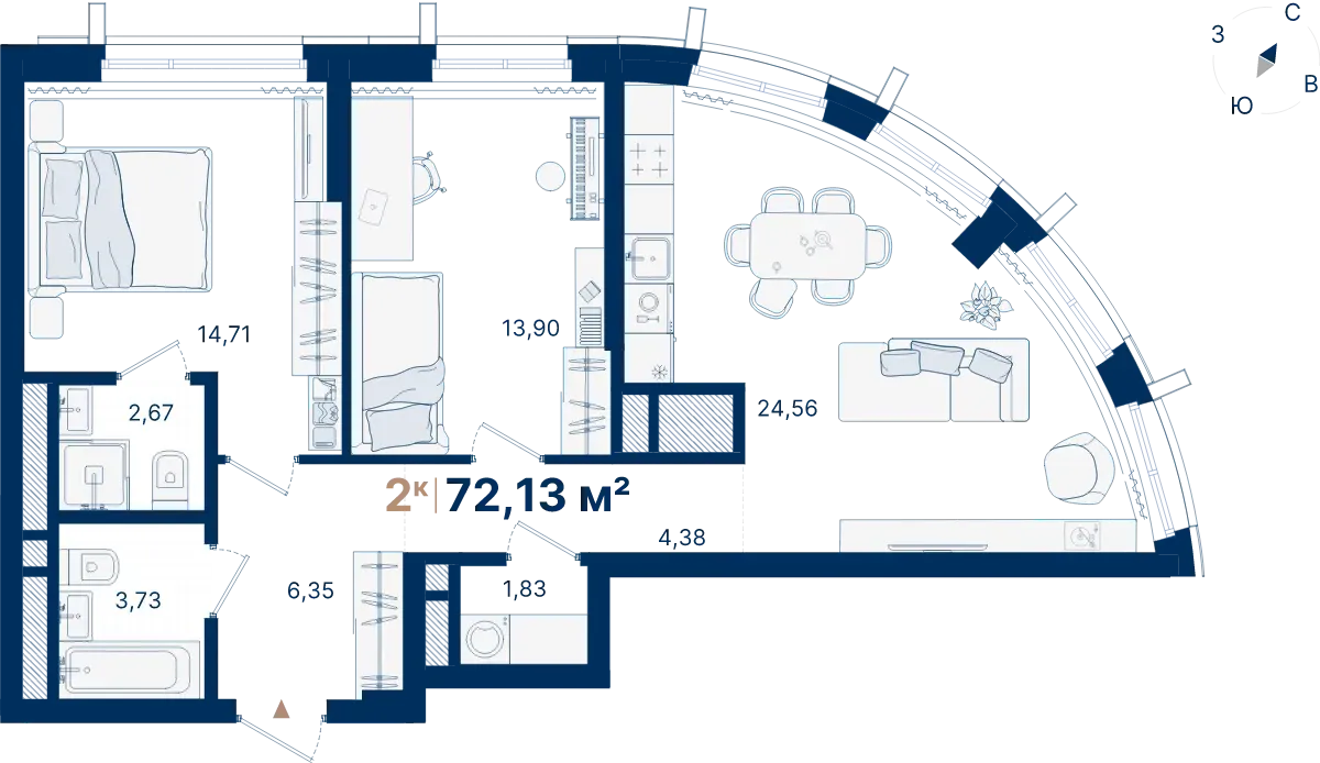 Планировка квартиры №С2.9.5 в проекте Атлас Люксо Дом 2 2-комнатная 72.13 м² 9 этаж