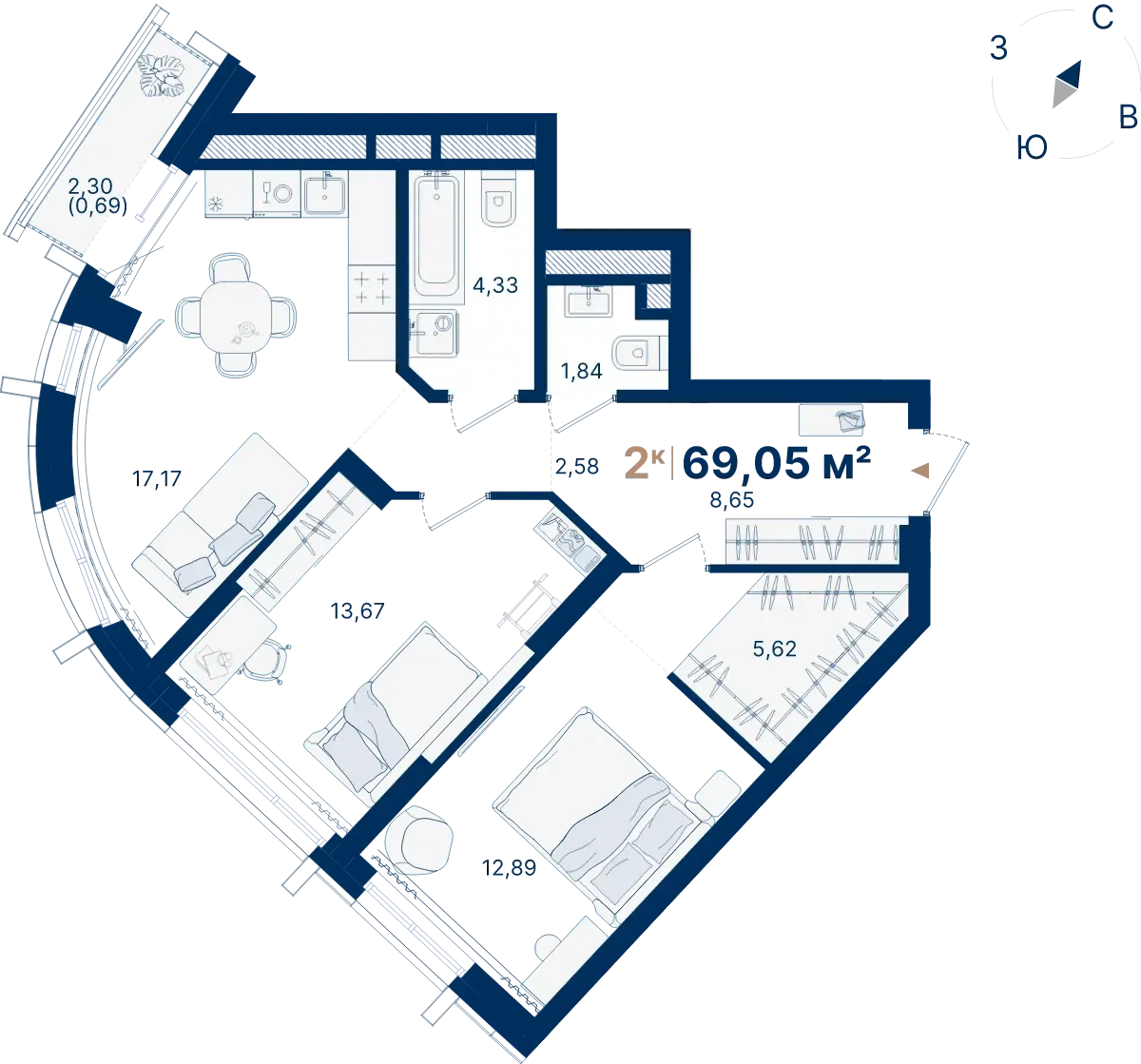 Планировка квартиры №С2.9.2 в проекте Атлас Люксо Дом 2 2-комнатная 69.05 м² 9 этаж