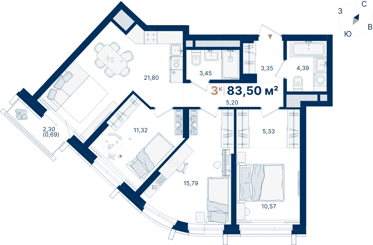 Планировка квартиры №С2.9.9 в проекте Атлас Люксо Дом 2 3-комнатная 83.5 м² 9 этаж
