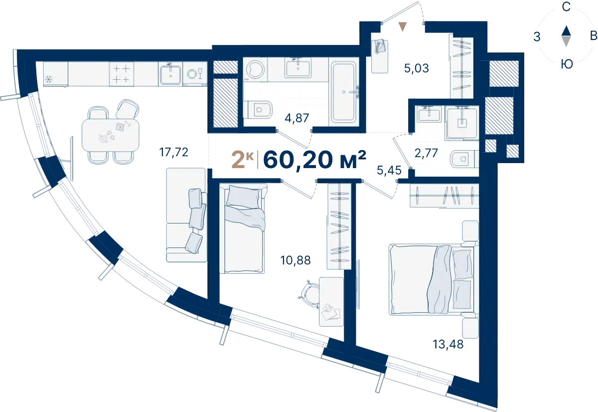 Планировка квартиры №С3.20.5 в проекте Атлас Люксо Дом 3 2-комнатная 60.2 м² 20 этаж
