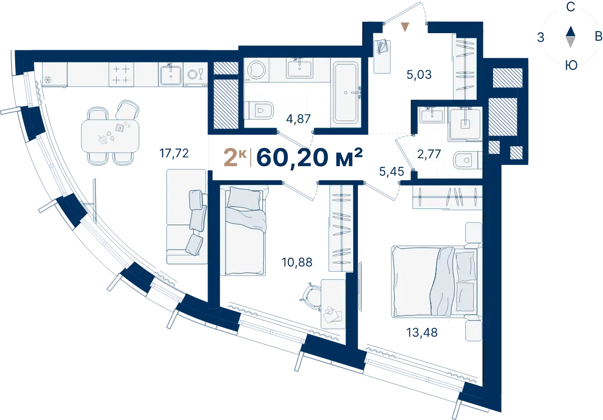 Планировка квартиры №С3.21.5 в проекте Атлас Люксо Дом 3 2-комнатная 60.2 м² 21 этаж