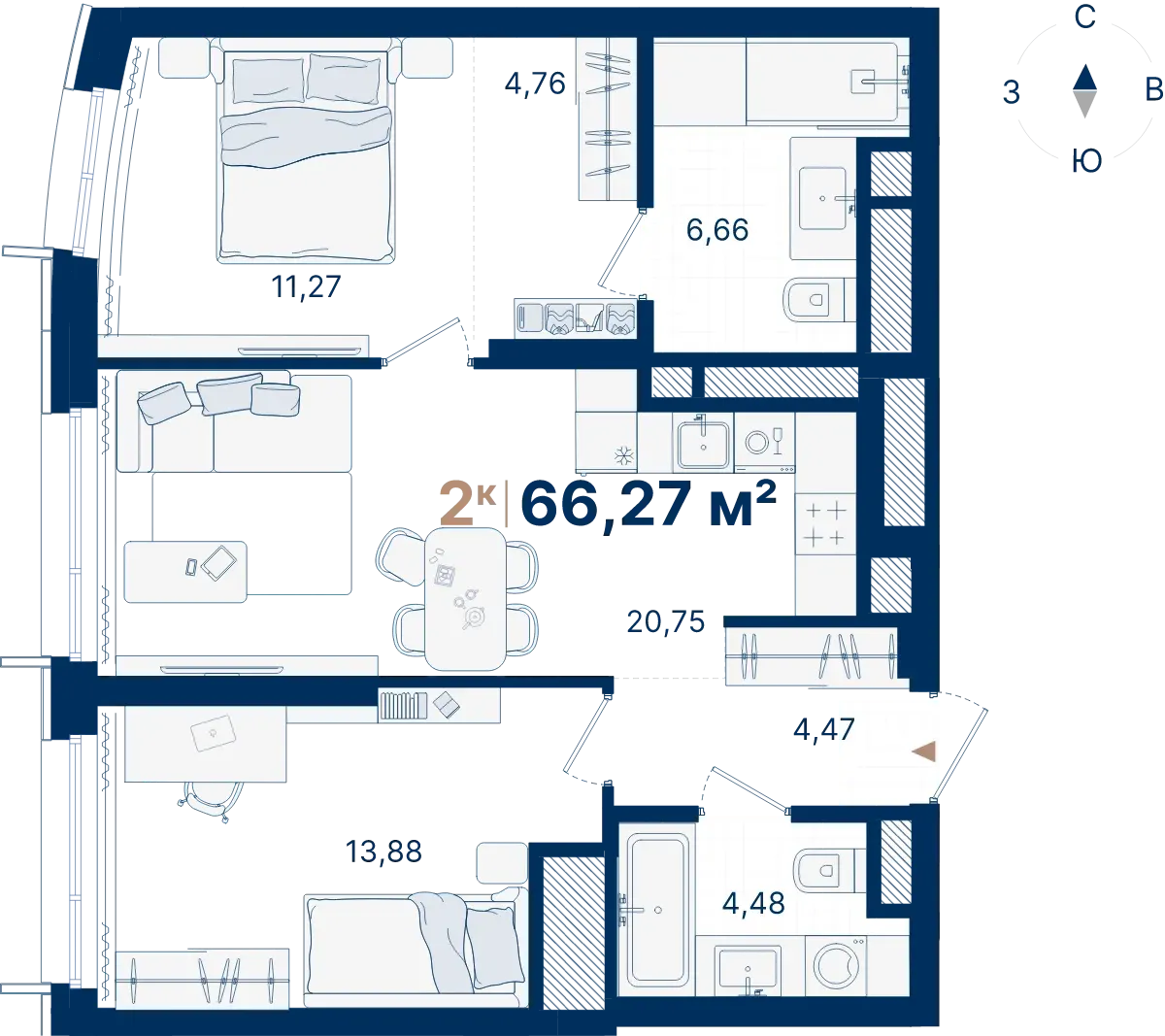 Планировка квартиры №С3.21.6 в проекте Атлас Люксо Дом 3 2-комнатная 66.27 м² 21 этаж
