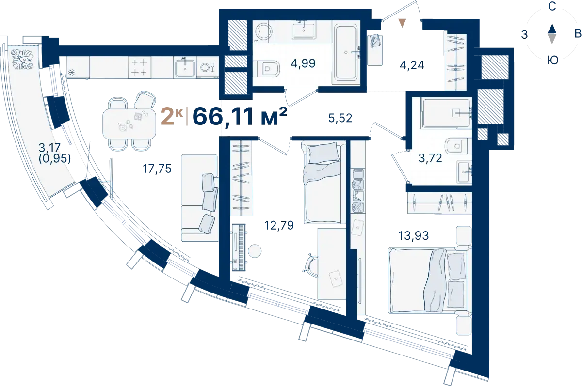 Планировка квартиры №С3.5.7 в проекте Атлас Люксо Дом 3 2-комнатная 66.11 м² 5 этаж