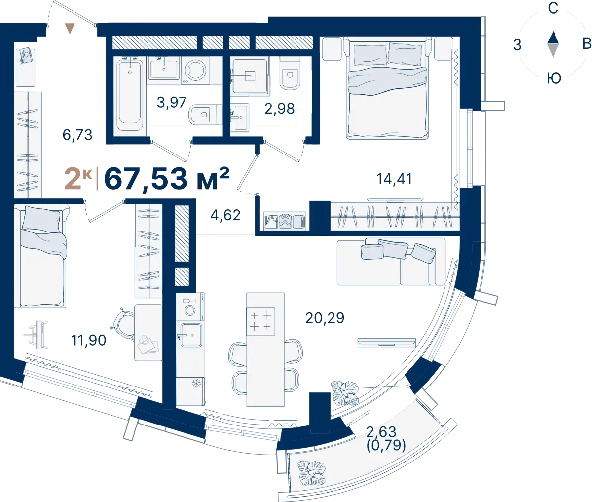 Планировка квартиры №С3.5.5 в проекте Атлас Люксо Дом 3 2-комнатная 67.53 м² 5 этаж
