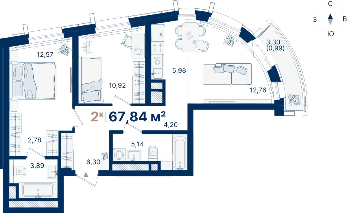 Планировка квартиры №С3.5.1 в проекте Атлас Люксо Дом 3 3-комнатная 67.84 м² 5 этаж