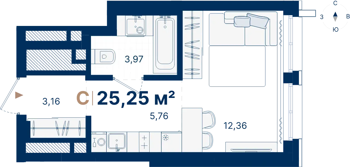 Планировка квартиры №С3.5.4 в проекте Атлас Люксо Дом 3 Студия 25.25 м² 5 этаж