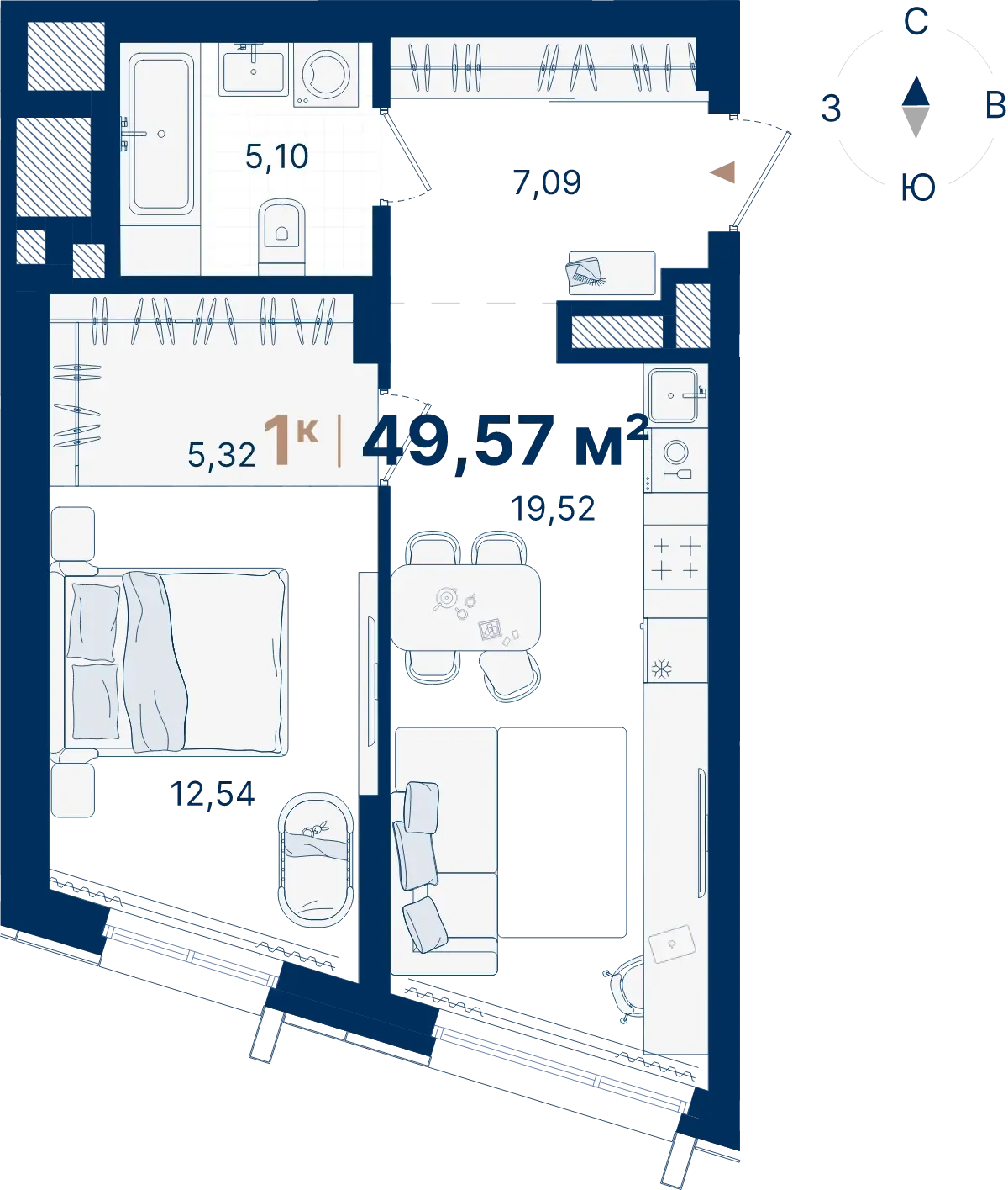 Планировка квартиры №С3.9.6 в проекте Атлас Люксо Дом 3 1-комнатная 49.57 м² 9 этаж
