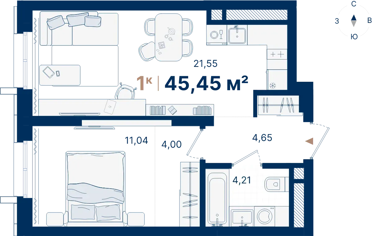 Планировка квартиры №С3.5.9 в проекте Атлас Люксо Дом 3 1-комнатная 45.45 м² 5 этаж