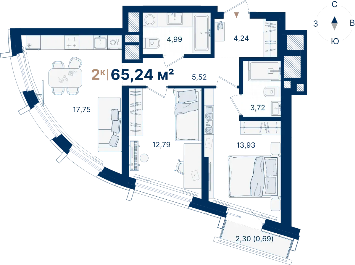 Планировка квартиры №С3.6.7 в проекте Атлас Люксо Дом 3 2-комнатная 65.24 м² 6 этаж