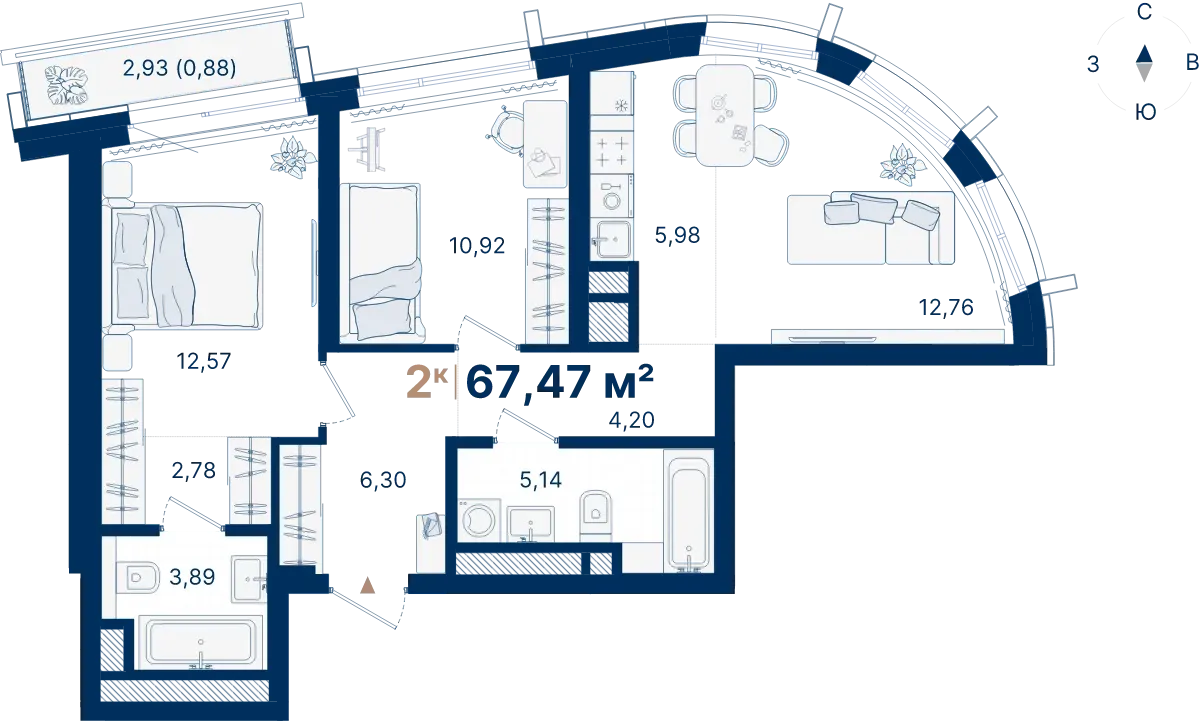 Планировка квартиры №С3.6.1 в проекте Атлас Люксо Дом 3 3-комнатная 67.47 м² 6 этаж