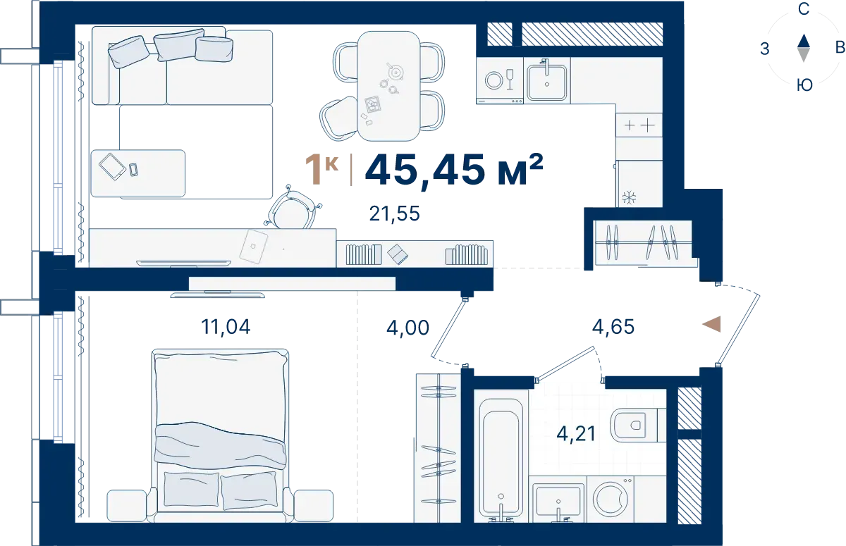 Планировка квартиры №С3.6.9 в проекте Атлас Люксо Дом 3 1-комнатная 45.45 м² 6 этаж
