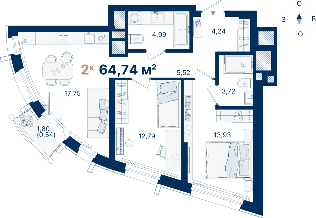 Планировка квартиры №С3.7.7 в проекте Атлас Люксо Дом 3 2-комнатная 64.74 м² 7 этаж