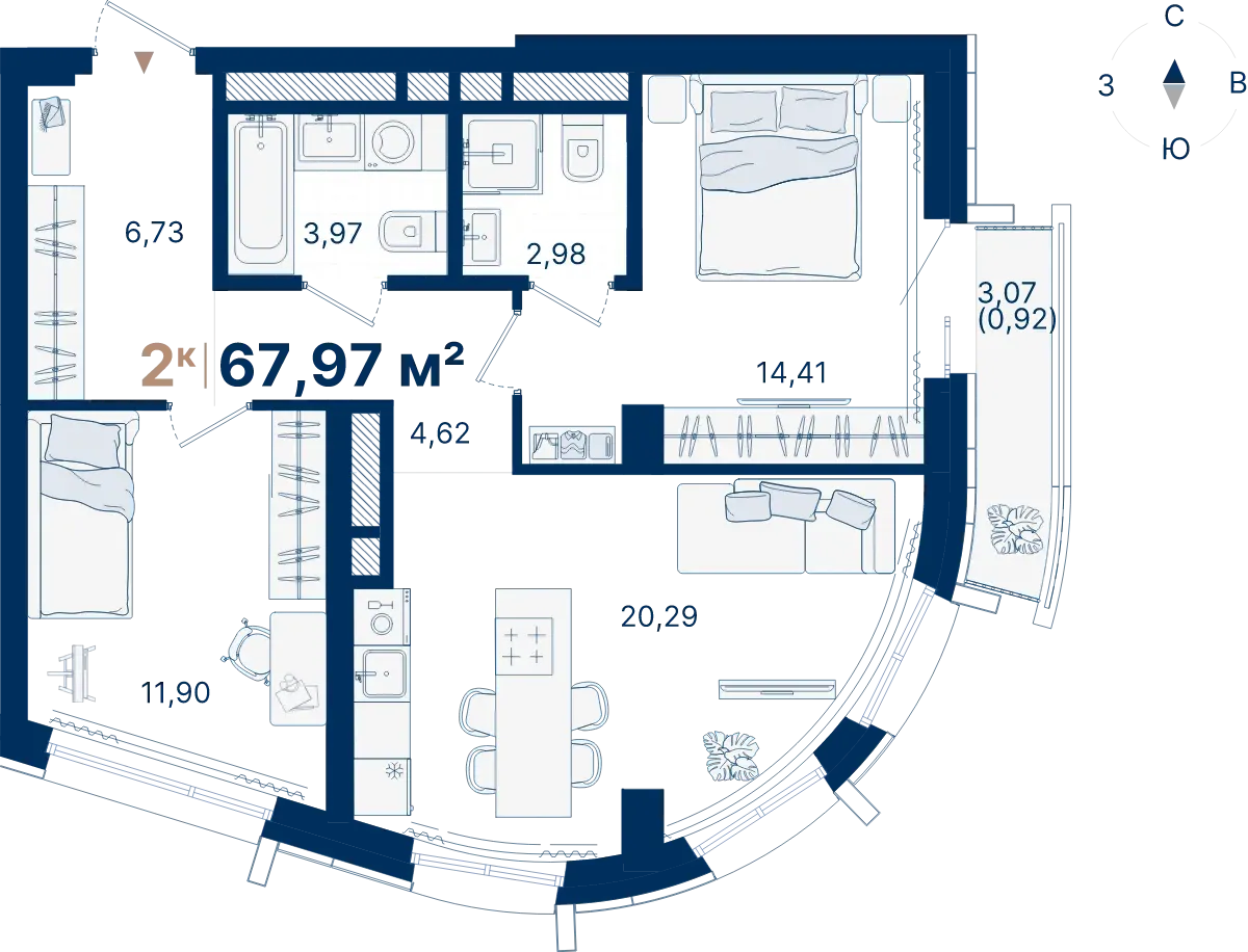 Планировка квартиры №С3.7.5 в проекте Атлас Люксо Дом 3 2-комнатная 67.97 м² 7 этаж