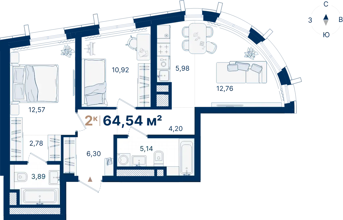 Планировка квартиры №С3.7.1 в проекте Атлас Люксо Дом 3 3-комнатная 64.54 м² 7 этаж