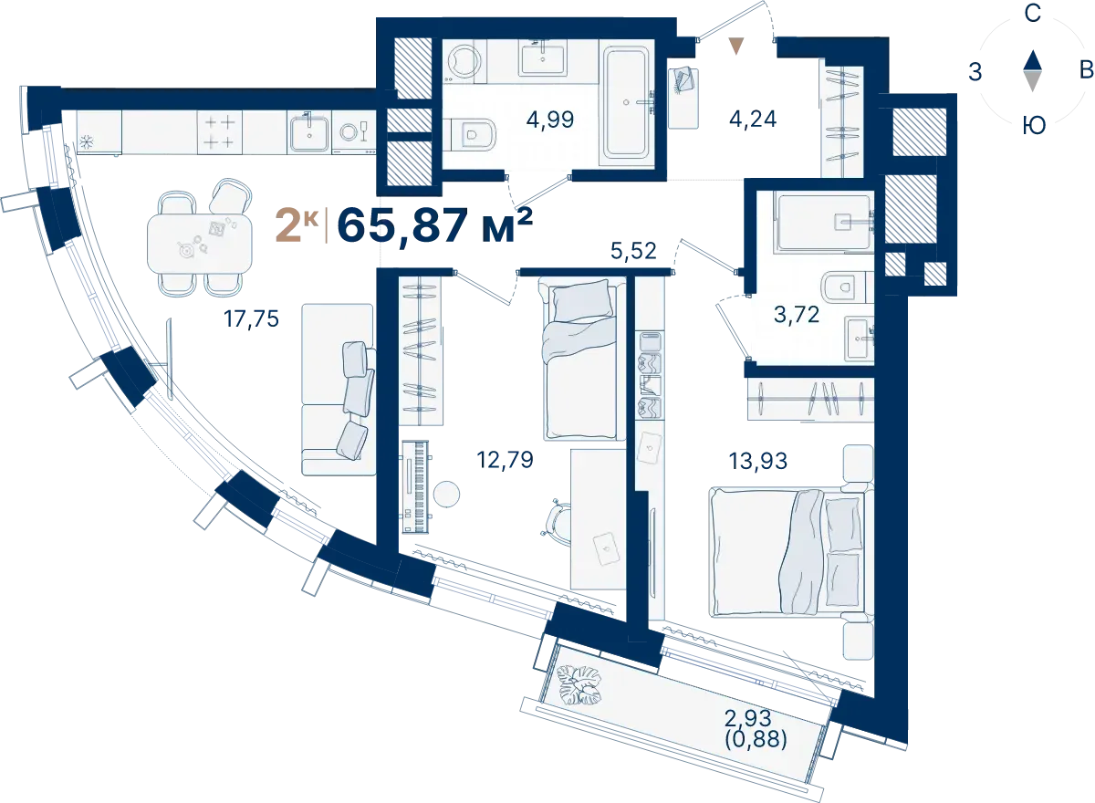 Планировка квартиры №С3.9.7 в проекте Атлас Люксо Дом 3 2-комнатная 65.87 м² 9 этаж