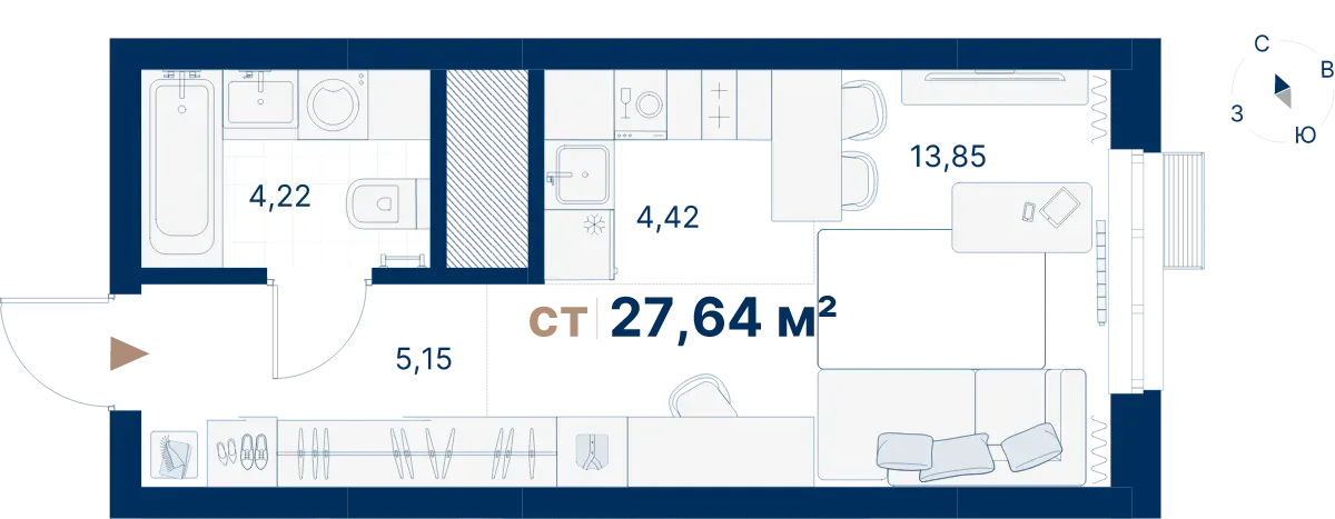 Планировка квартиры №ЖС1.18.5.6 в проекте Атлас Визион Дом 1 Студия 28.04 м² 5 этаж