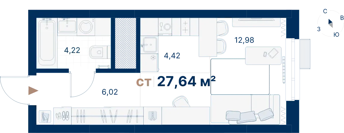 Планировка квартиры №ЖС1.18.12.8 в проекте Атлас Визион Дом 1 Студия 28.04 м² 12 этаж