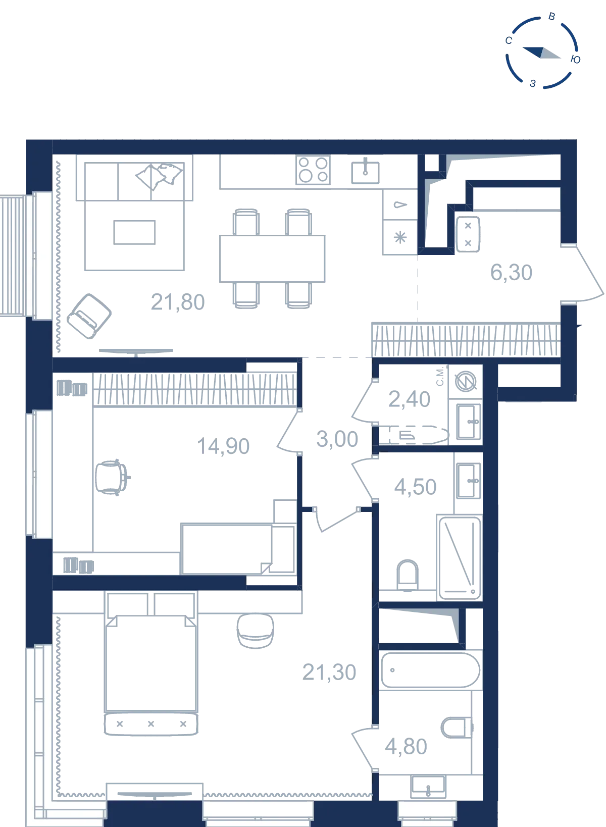 Планировка квартиры №С11.18.8 в проекте Парк столиц Нью-Йорк 2-комнатная 79 м² 18 этаж
