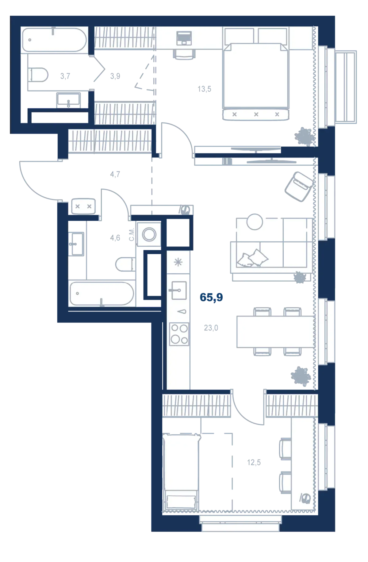 Планировка квартиры №С4.18.1 в проекте Атлас Ауро Дом 4 2-комнатная 65.9 м² 18 этаж