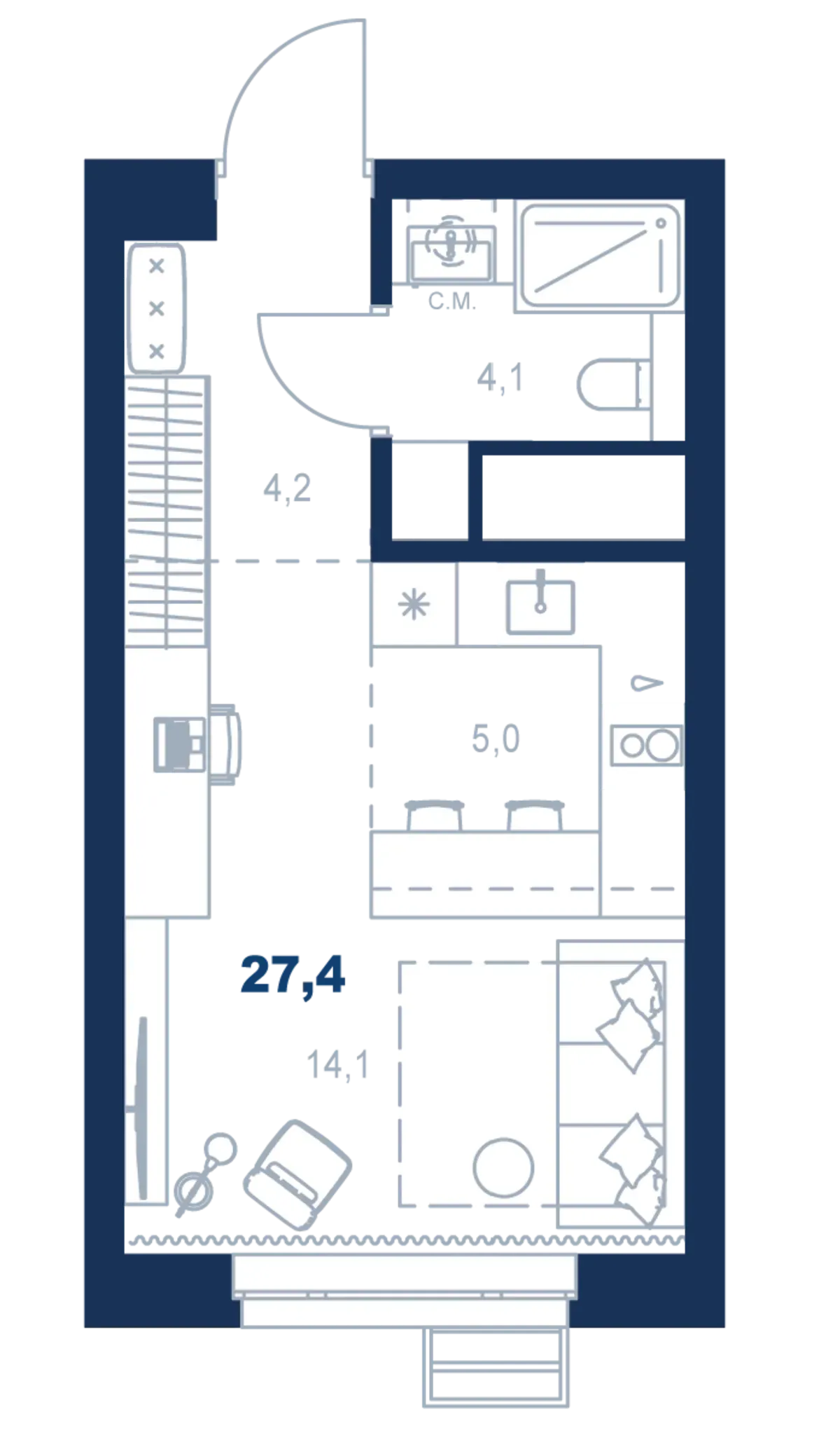 Планировка квартиры №С4.13.3 в проекте Атлас Ауро Дом 4 Студия 27.4 м² 13 этаж