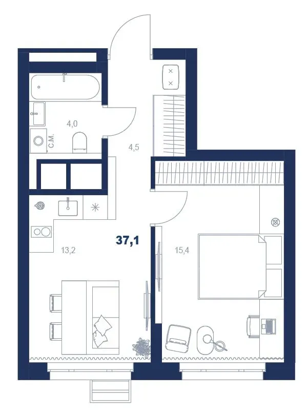 Планировка квартиры №С4.27.2 в проекте Атлас Ауро Дом 4 1-комнатная 37.1 м² 27 этаж