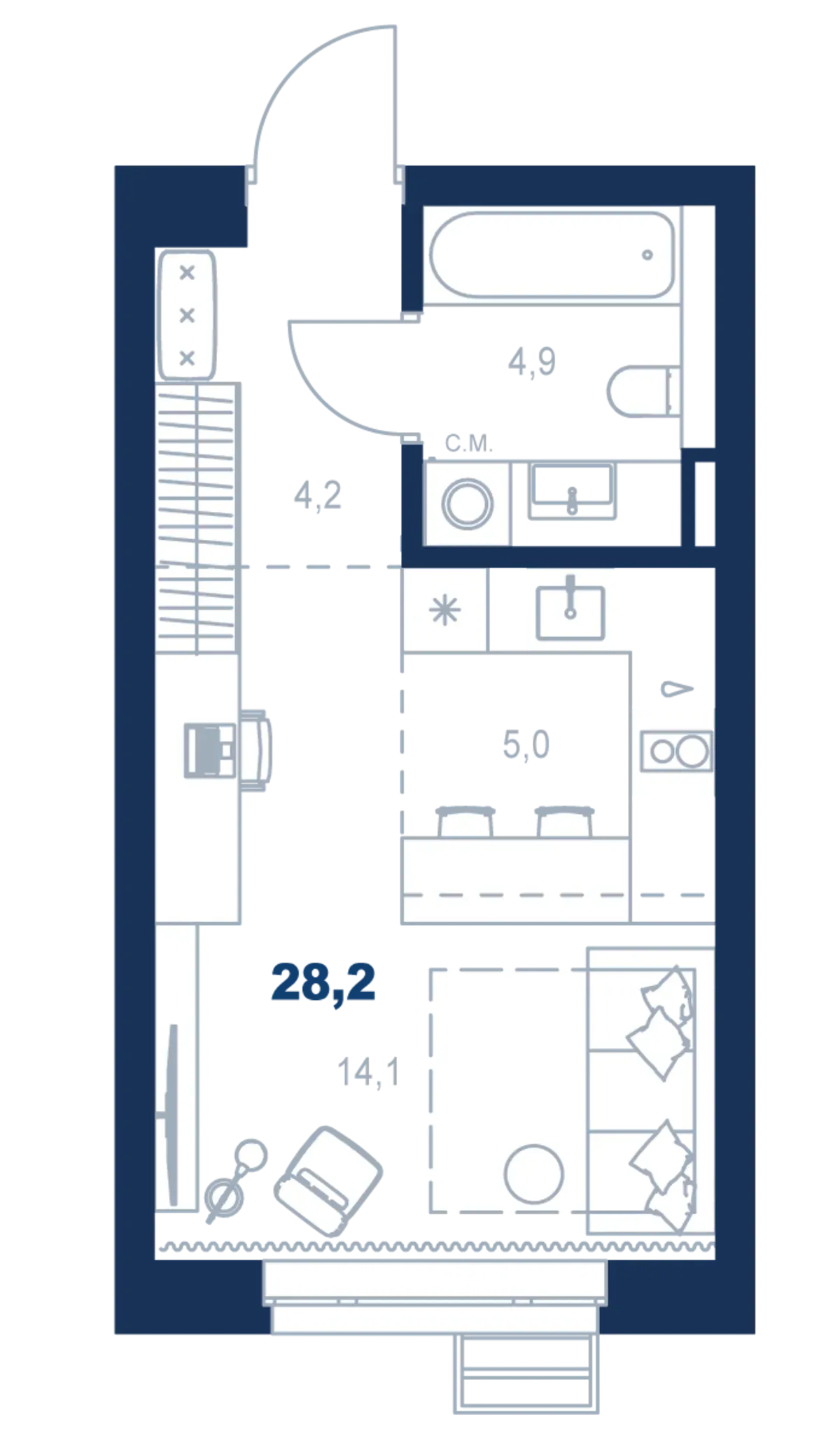Планировка квартиры №С4.2.1 в проекте Атлас Ауро Дом 4 Студия 28.2 м² 2 этаж
