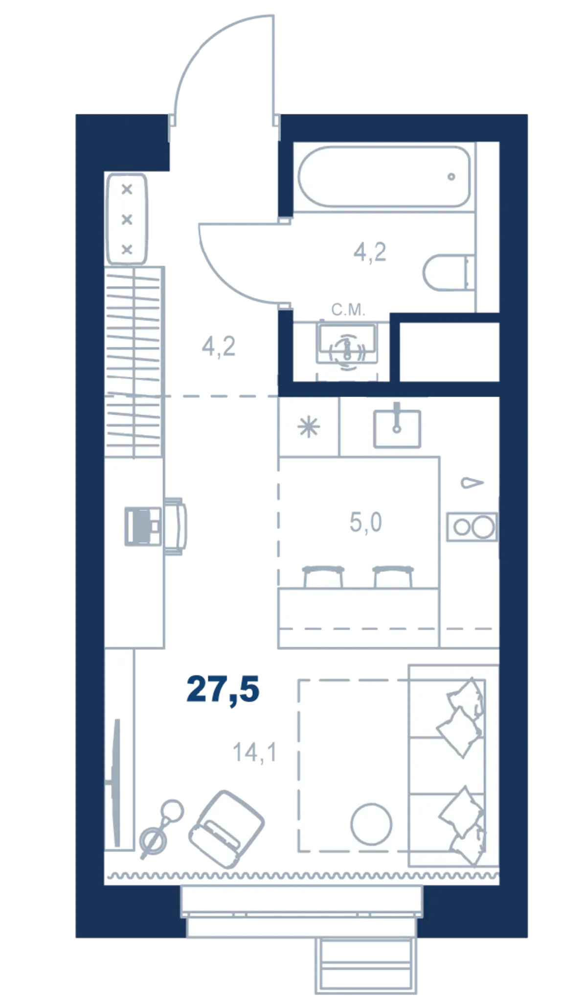 Планировка квартиры №С4.3.2 в проекте Атлас Ауро Дом 4 Студия 27.5 м² 3 этаж