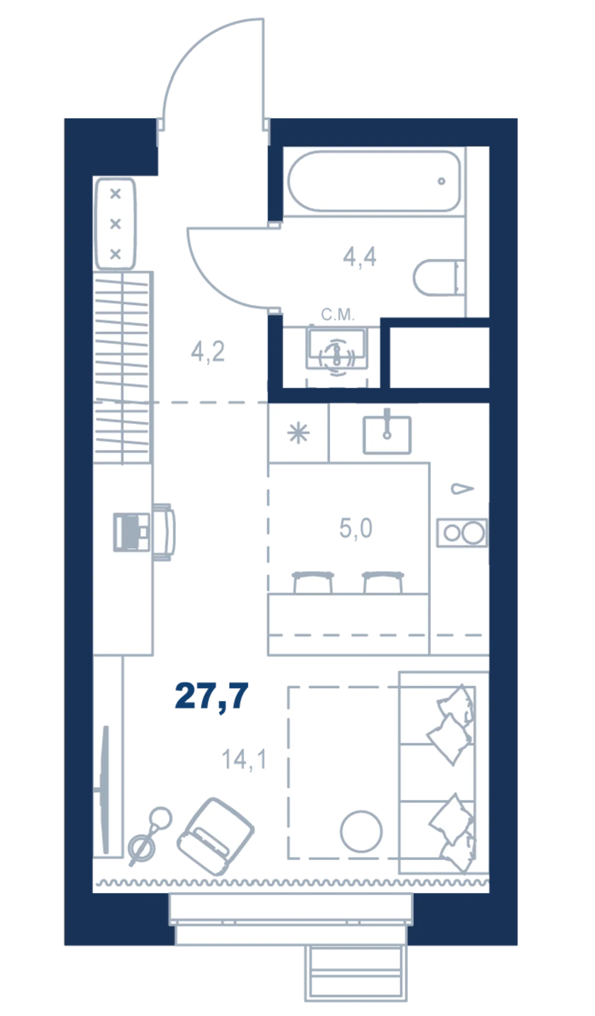 Планировка квартиры №С4.7.3 в проекте Атлас Ауро Дом 4 Студия 27.7 м² 7 этаж