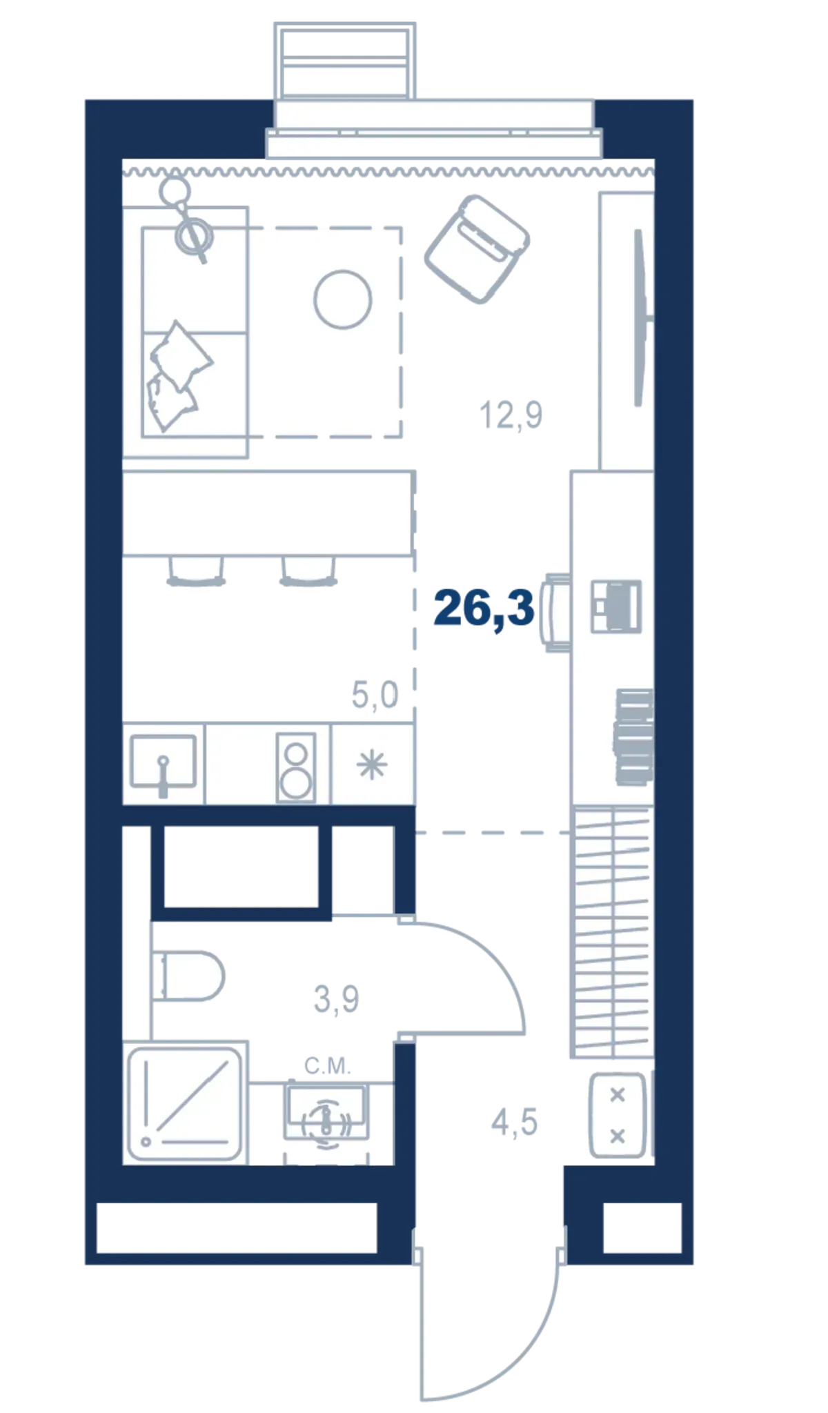 Планировка квартиры №С5.21.10 в проекте Атлас Ауро Дом 5 Студия 26.7 м² 21 этаж
