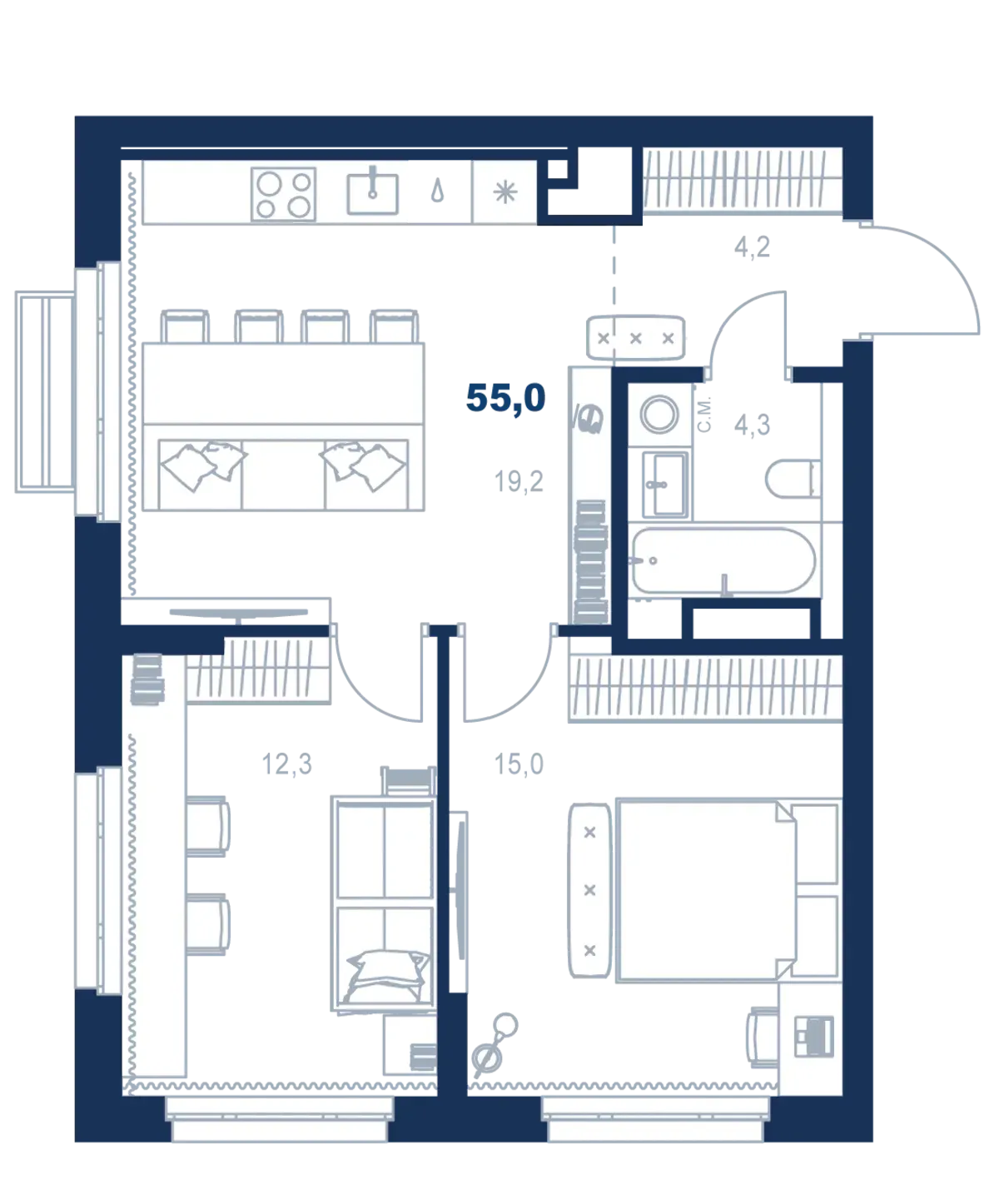 Планировка квартиры №С5.22.8 в проекте Атлас Ауро Дом 5 2-комнатная 55 м² 22 этаж