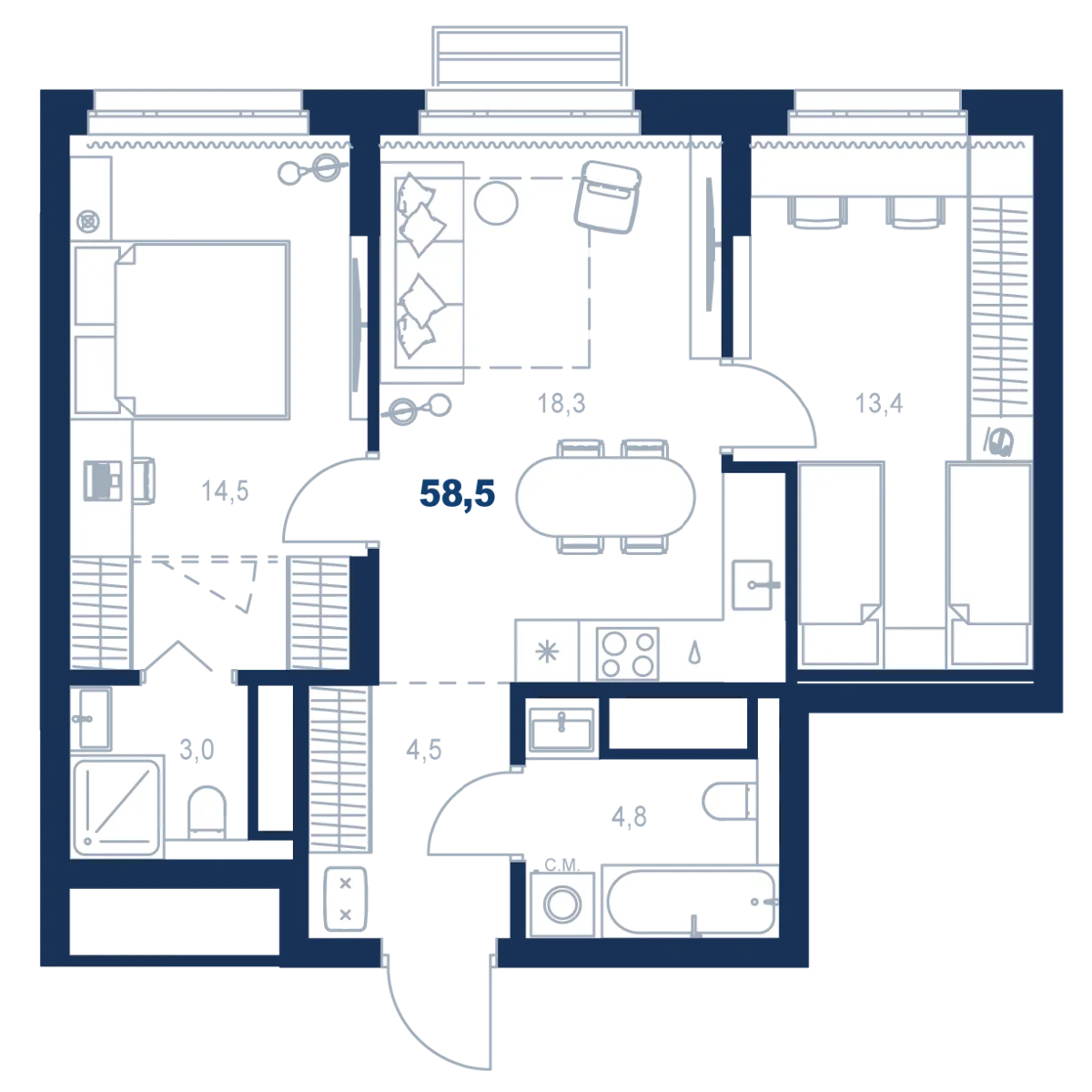Планировка квартиры №С5.14.1 в проекте Атлас Ауро Дом 5 2-комнатная 58.5 м² 14 этаж