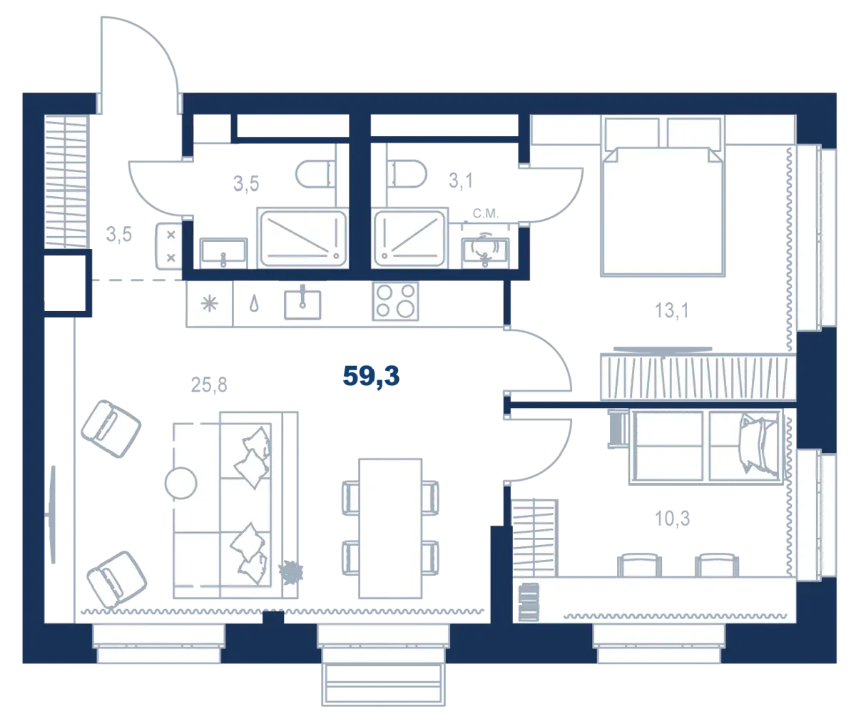 Планировка квартиры №С5.22.3 в проекте Атлас Ауро Дом 5 2-комнатная 59.3 м² 22 этаж