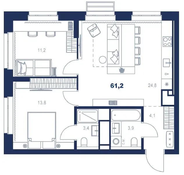 Планировка квартиры №С5.13.9 в проекте Атлас Ауро Дом 5 2-комнатная 61.2 м² 13 этаж