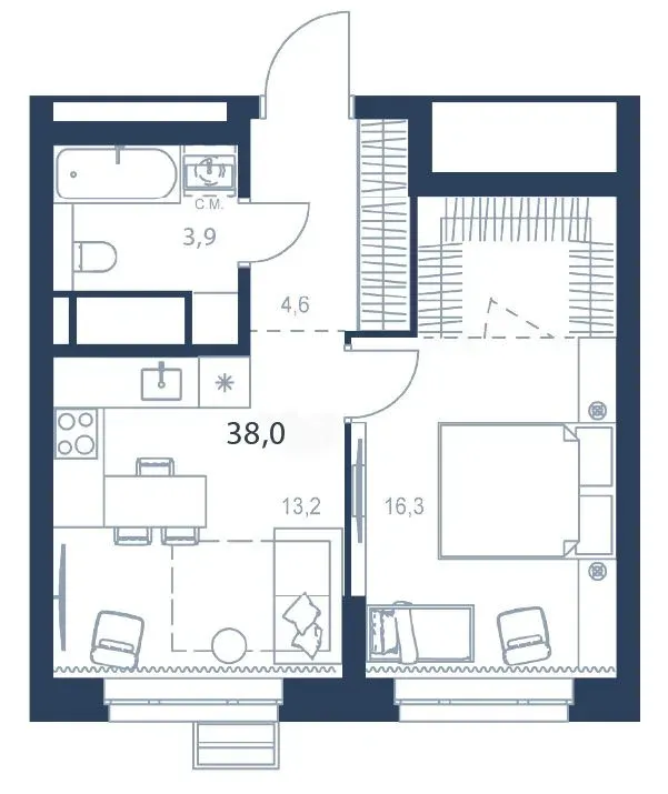 Планировка квартиры №С5.25.4 в проекте Атлас Ауро Дом 5 1-комнатная 38 м² 25 этаж