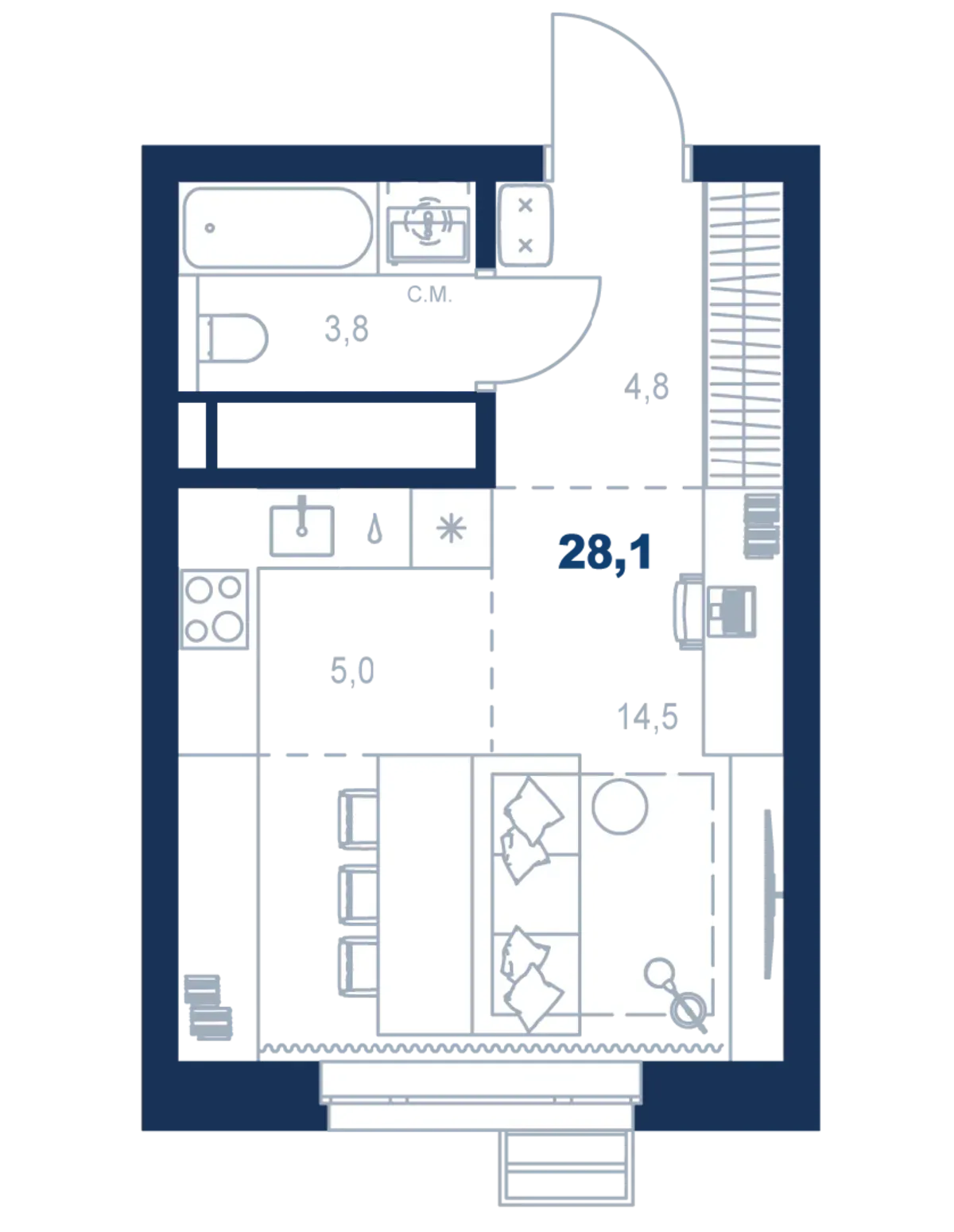 Планировка квартиры №С5.32.7 в проекте Атлас Ауро Дом 5 Студия 28.1 м² 32 этаж