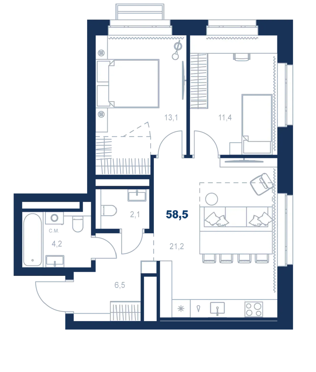 Планировка квартиры №С5.32.2 в проекте Атлас Ауро Дом 5 2-комнатная 58.5 м² 32 этаж