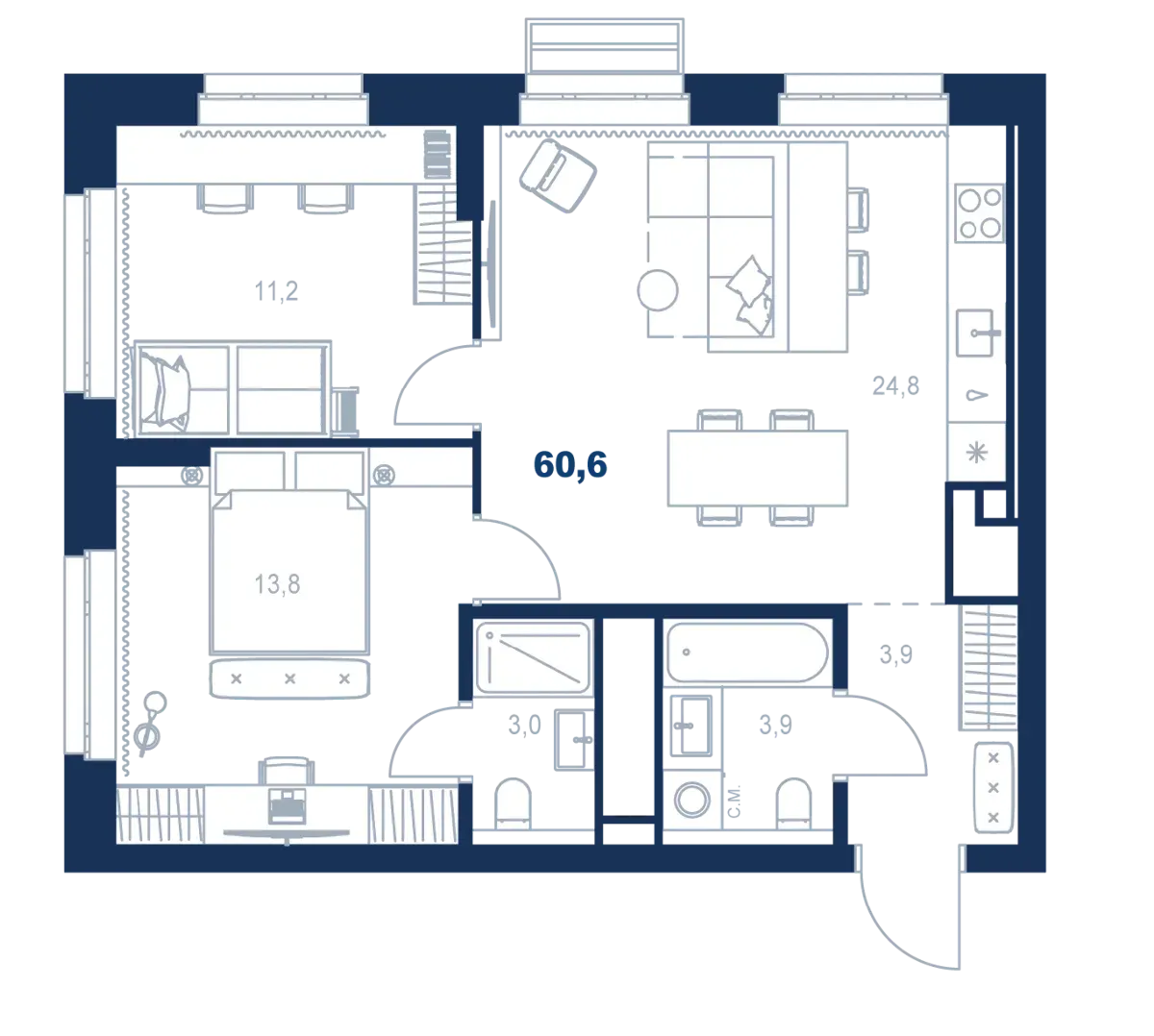Планировка квартиры №С5.29.9 в проекте Атлас Ауро Дом 5 2-комнатная 60.6 м² 29 этаж