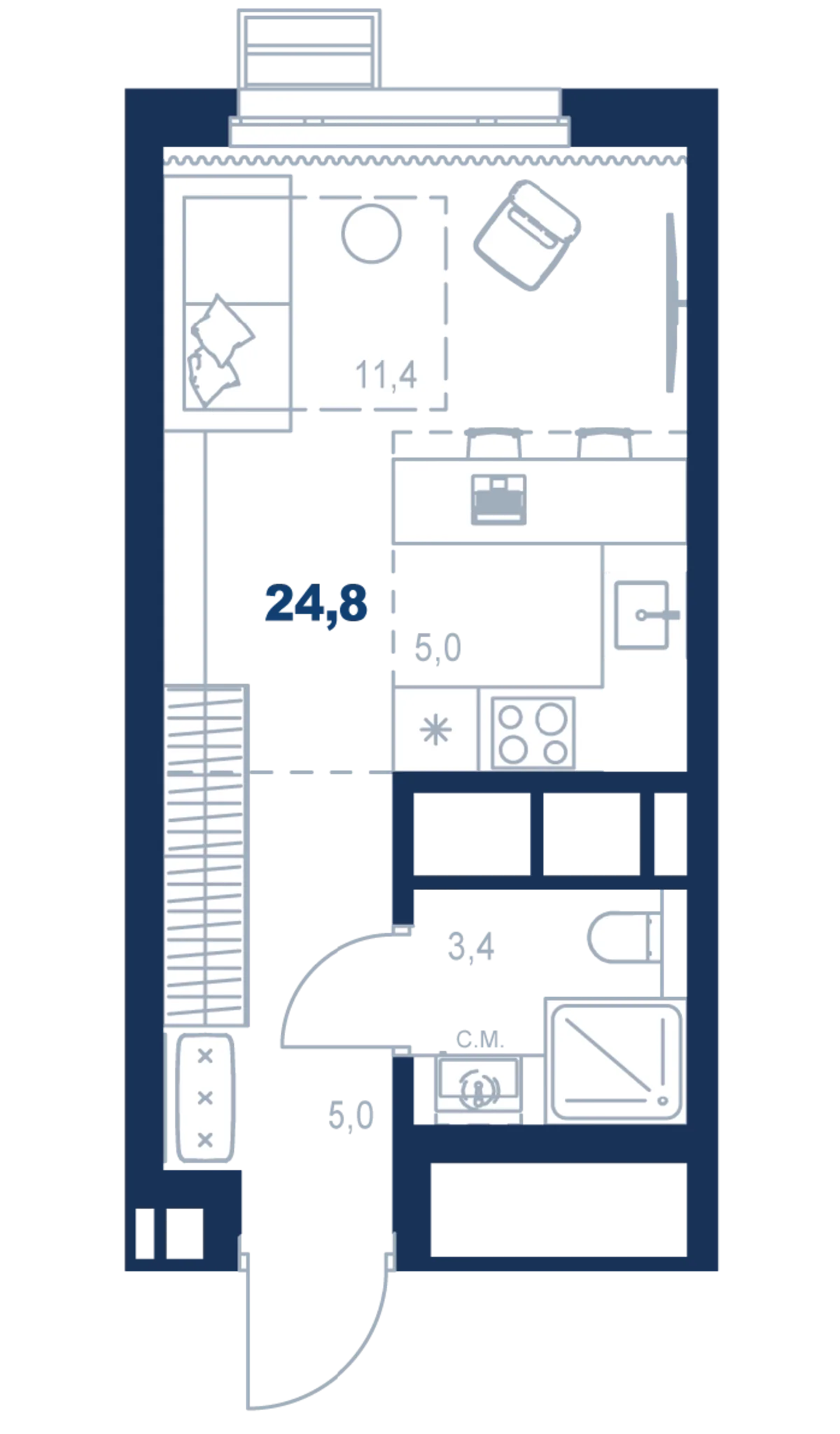 Планировка квартиры №С5.32.11 в проекте Атлас Ауро Дом 5 Студия 24.8 м² 32 этаж