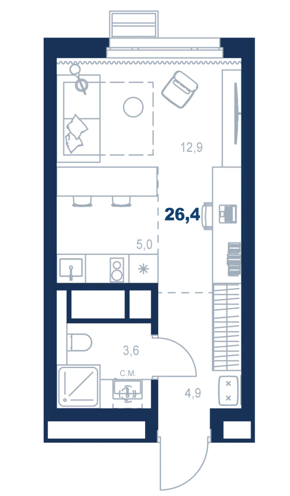 Планировка квартиры №С5.29.10 в проекте Атлас Ауро Дом 5 Студия 26.4 м² 29 этаж