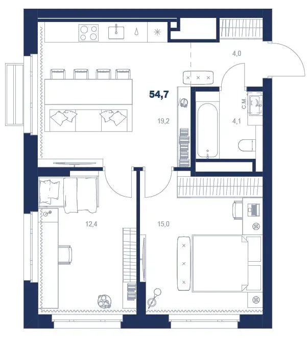 Планировка квартиры №С5.29.8 в проекте Атлас Ауро Дом 5 2-комнатная 54.7 м² 29 этаж