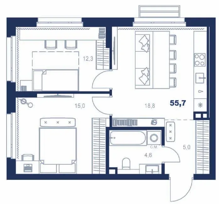 Планировка квартиры №С5.2.6 в проекте Атлас Ауро Дом 5 2-комнатная 55.7 м² 2 этаж