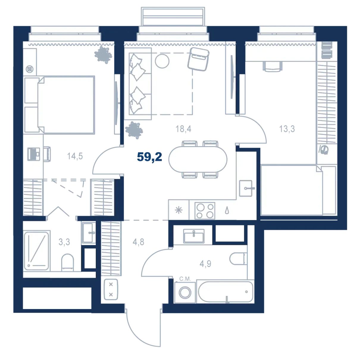 Планировка квартиры №С5.3.1 в проекте Атлас Ауро Дом 5 2-комнатная 59.2 м² 3 этаж