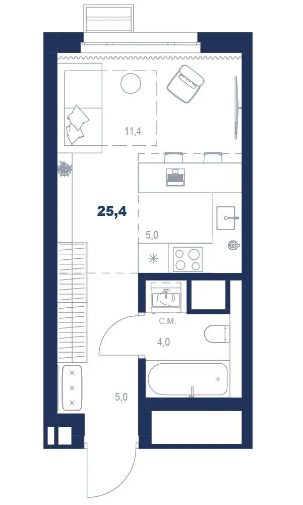 Планировка квартиры №С5.5.11 в проекте Атлас Ауро Дом 5 Студия 25.4 м² 5 этаж