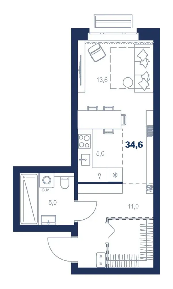 Планировка квартиры №С5.3.2 в проекте Атлас Ауро Дом 5 Студия 34.6 м² 3 этаж