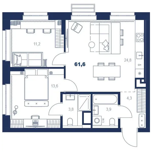 Планировка квартиры №С5.5.9 в проекте Атлас Ауро Дом 5 2-комнатная 61.6 м² 5 этаж