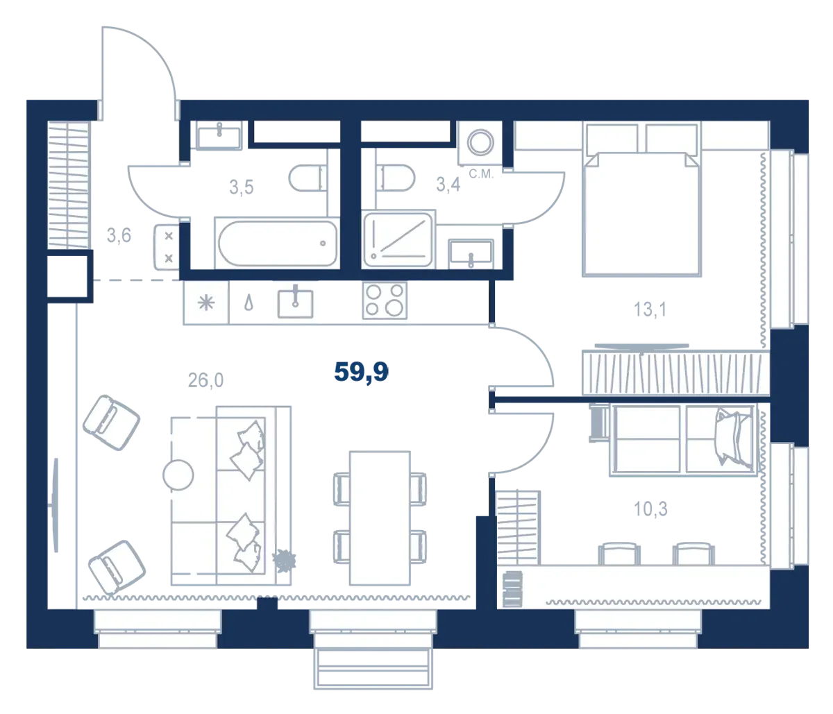 Планировка квартиры №С5.2.4 в проекте Атлас Ауро Дом 5 2-комнатная 59.9 м² 2 этаж